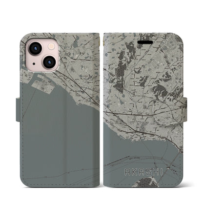 【明石（兵庫県）】地図柄iPhoneケース（手帳タイプ）モノトーン・iPhone 13 mini 用