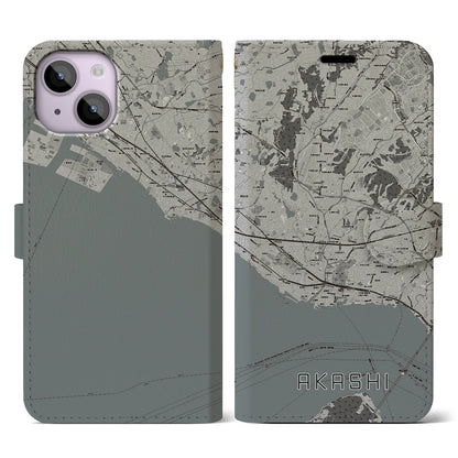 【明石（兵庫県）】地図柄iPhoneケース（手帳タイプ）モノトーン・iPhone 14 用