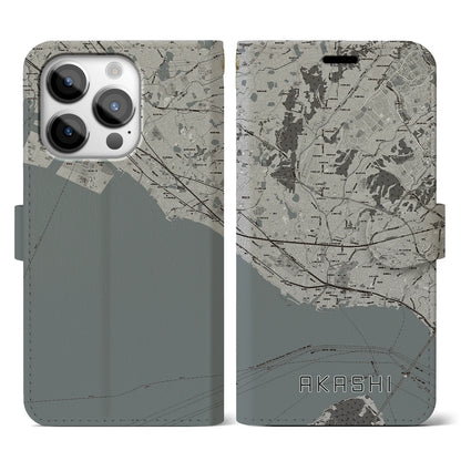 【明石（兵庫県）】地図柄iPhoneケース（手帳タイプ）モノトーン・iPhone 14 Pro 用