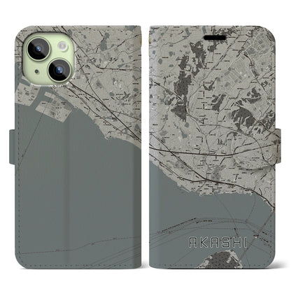 【明石（兵庫県）】地図柄iPhoneケース（手帳タイプ）モノトーン・iPhone 15 用