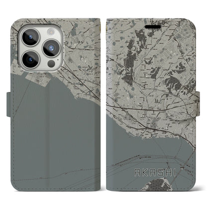 【明石（兵庫県）】地図柄iPhoneケース（手帳タイプ）モノトーン・iPhone 15 Pro 用