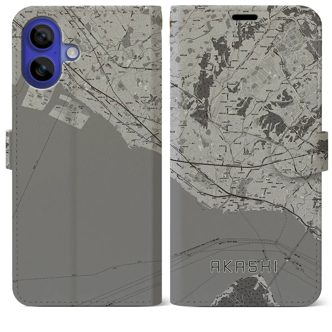 【明石(兵庫県)】地図柄iPhoneケース(手帳タイプ)モノトーン・iPhone 16 Pro Max 用