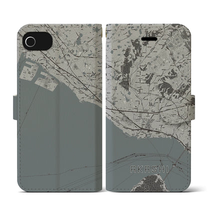 【明石（兵庫県）】地図柄iPhoneケース（手帳タイプ）モノトーン・iPhone SE（第3 / 第2世代） / 8 / 7 / 6s / 6 用