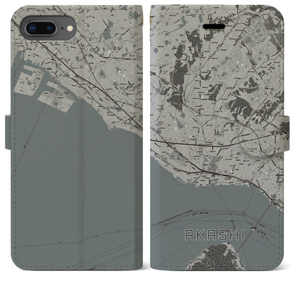 【明石（兵庫県）】地図柄iPhoneケース（手帳タイプ）モノトーン・iPhone 8Plus /7Plus / 6sPlus / 6Plus 用