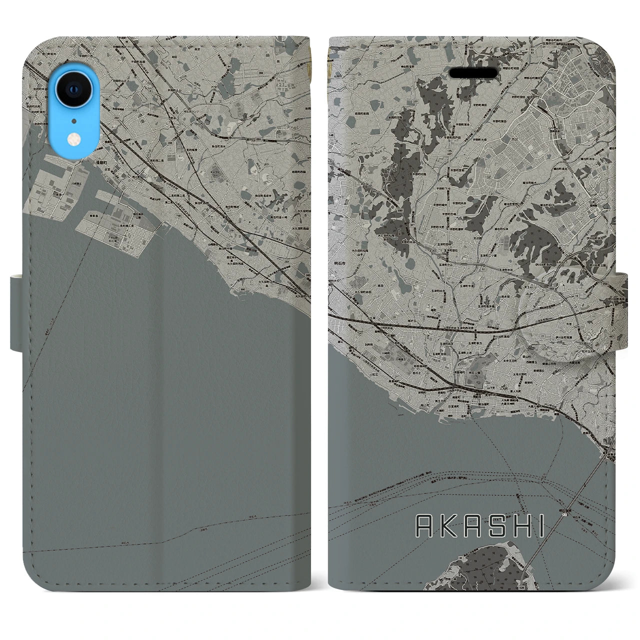 【明石】地図柄iPhoneケース（手帳両面タイプ・モノトーン）iPhone XR 用