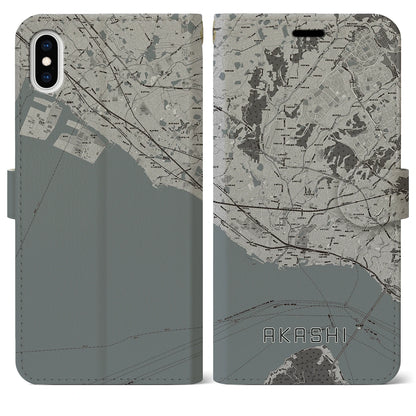 【明石（兵庫県）】地図柄iPhoneケース（手帳タイプ）モノトーン・iPhone XS Max 用
