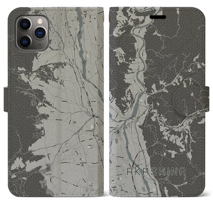 【明科（長野県）】地図柄iPhoneケース（手帳タイプ）モノトーン・iPhone 11 Pro Max 用