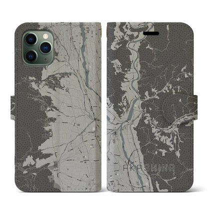 【明科（長野県）】地図柄iPhoneケース（手帳タイプ）モノトーン・iPhone 11 Pro 用