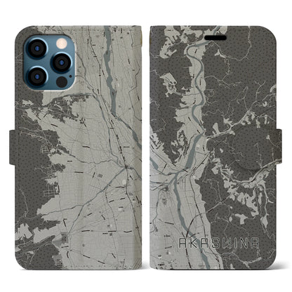 【明科（長野県）】地図柄iPhoneケース（手帳タイプ）モノトーン・iPhone 12 / 12 Pro 用