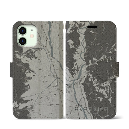 【明科（長野県）】地図柄iPhoneケース（手帳タイプ）モノトーン・iPhone 12 mini 用