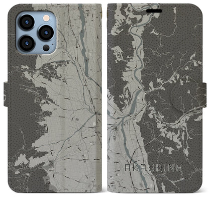 【明科（長野県）】地図柄iPhoneケース（手帳タイプ）モノトーン・iPhone 13 Pro Max 用