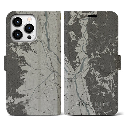 【明科（長野県）】地図柄iPhoneケース（手帳タイプ）モノトーン・iPhone 13 Pro 用