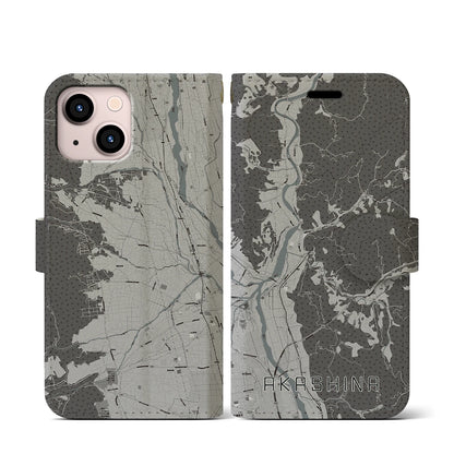 【明科（長野県）】地図柄iPhoneケース（手帳タイプ）モノトーン・iPhone 13 mini 用
