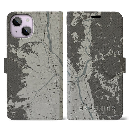 【明科（長野県）】地図柄iPhoneケース（手帳タイプ）モノトーン・iPhone 14 用