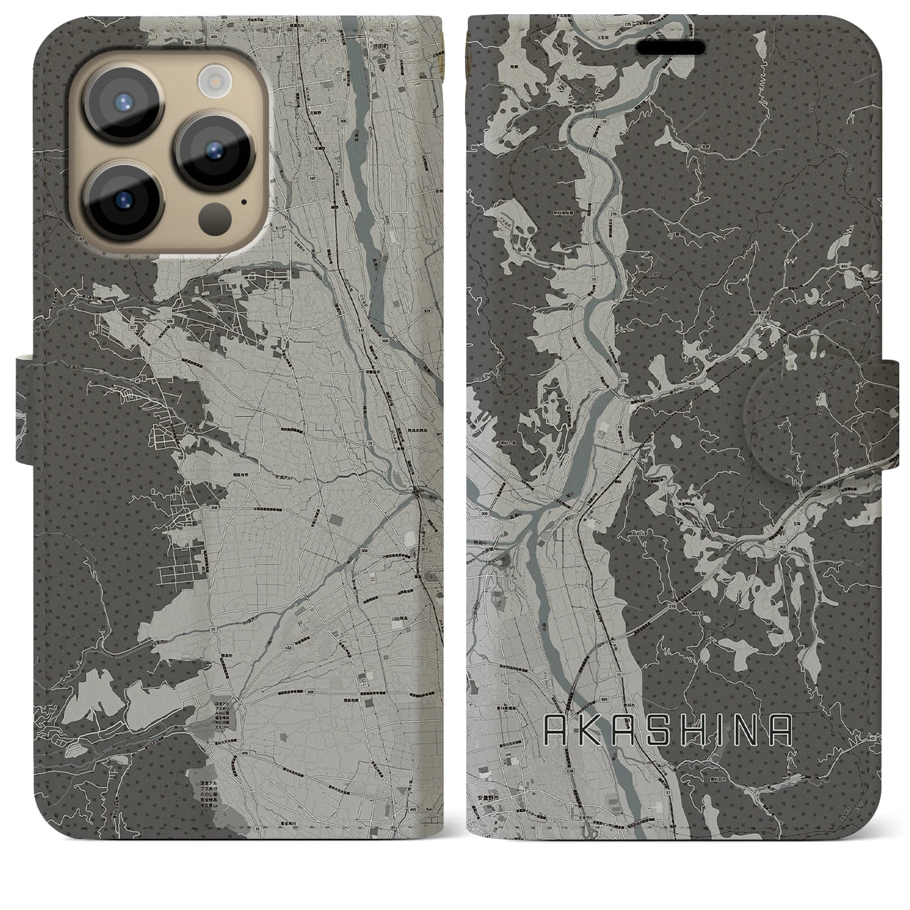 【明科】地図柄iPhoneケース（手帳両面タイプ・モノトーン）iPhone 14 Pro Max 用