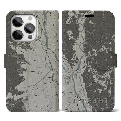 【明科（長野県）】地図柄iPhoneケース（手帳タイプ）モノトーン・iPhone 14 Pro 用