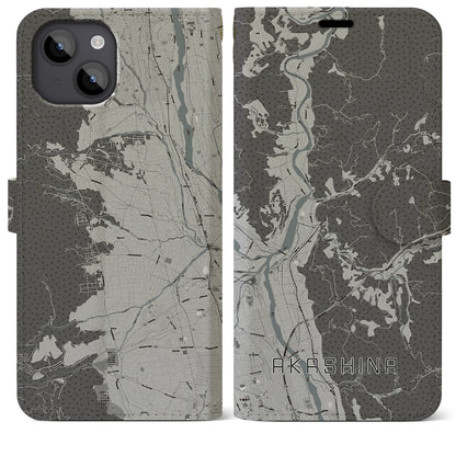 【明科（長野県）】地図柄iPhoneケース（手帳タイプ）モノトーン・iPhone 14 Plus 用