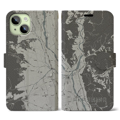 【明科（長野県）】地図柄iPhoneケース（手帳タイプ）モノトーン・iPhone 15 用