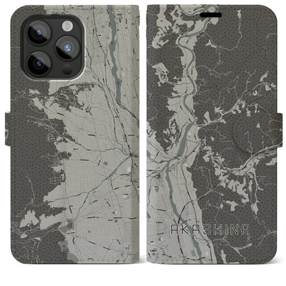 【明科（長野県）】地図柄iPhoneケース（手帳タイプ）モノトーン・iPhone 15 Pro Max 用