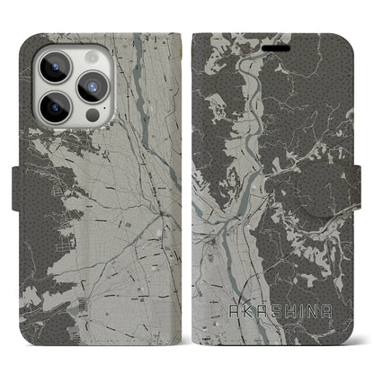 【明科（長野県）】地図柄iPhoneケース（手帳タイプ）モノトーン・iPhone 15 Pro 用