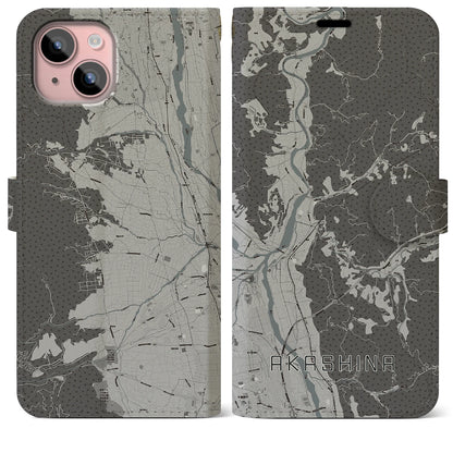 【明科（長野県）】地図柄iPhoneケース（手帳タイプ）モノトーン・iPhone 15 Plus 用