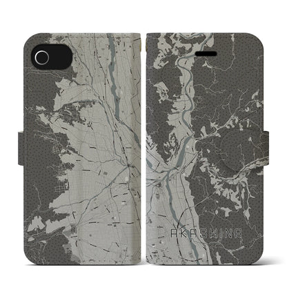 【明科（長野県）】地図柄iPhoneケース（手帳タイプ）モノトーン・iPhone SE（第3 / 第2世代） / 8 / 7 / 6s / 6 用