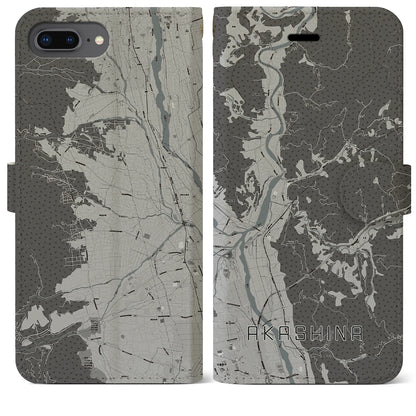 【明科（長野県）】地図柄iPhoneケース（手帳タイプ）モノトーン・iPhone 8Plus /7Plus / 6sPlus / 6Plus 用