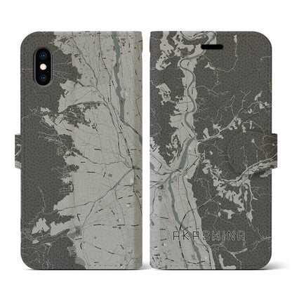 【明科（長野県）】地図柄iPhoneケース（手帳タイプ）モノトーン・iPhone XS / X 用