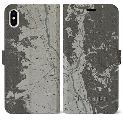 【明科（長野県）】地図柄iPhoneケース（手帳タイプ）モノトーン・iPhone XS Max 用