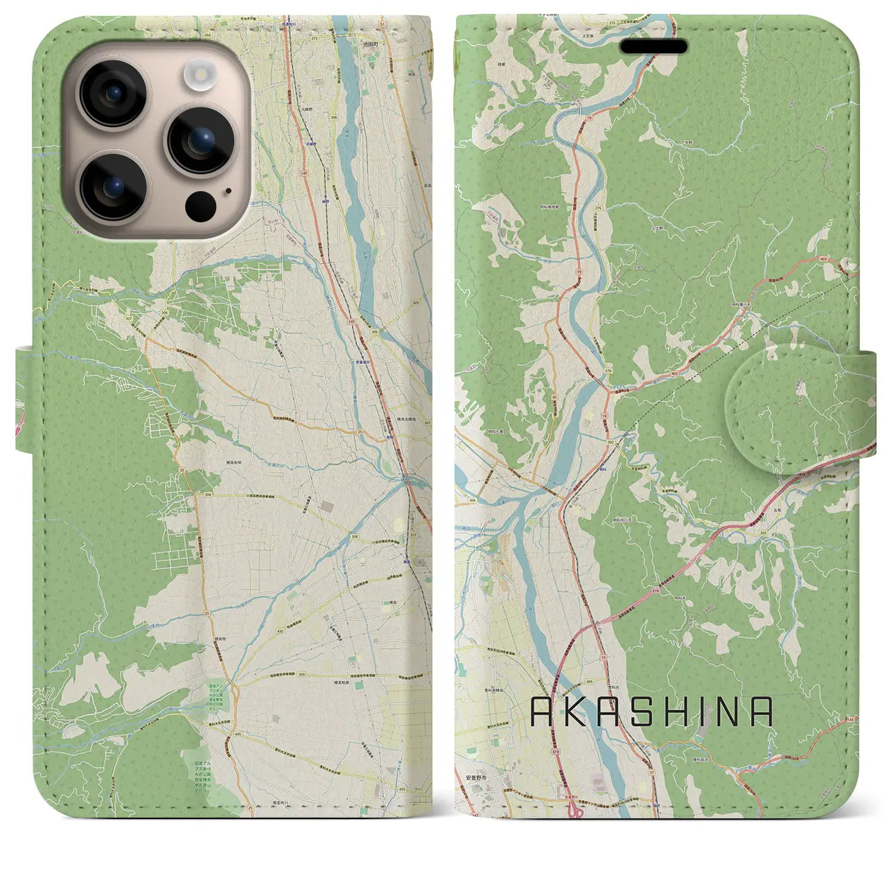 【明科（長野県）】地図柄iPhoneケース（手帳タイプ）ナチュラル・iPhone 16 Plus 用