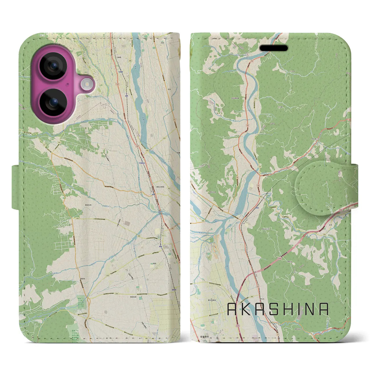 【明科（長野県）】地図柄iPhoneケース（手帳タイプ）ナチュラル・iPhone 16 Pro 用