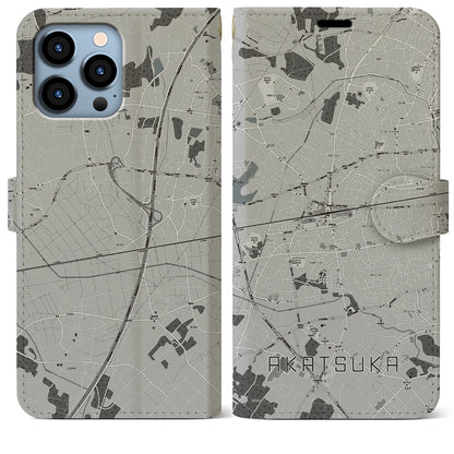 【赤塚（茨城県）】地図柄iPhoneケース（手帳タイプ）モノトーン・iPhone 13 Pro Max 用