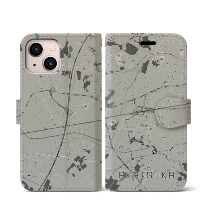 【赤塚（茨城県）】地図柄iPhoneケース（手帳タイプ）モノトーン・iPhone 13 mini 用