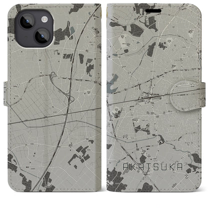 【赤塚（茨城県）】地図柄iPhoneケース（手帳タイプ）モノトーン・iPhone 14 Plus 用