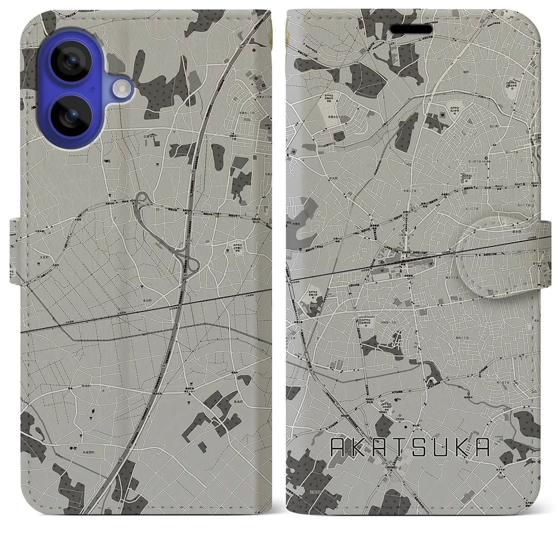 【赤塚(茨城県)】地図柄iPhoneケース(手帳タイプ)モノトーン・iPhone 16 Pro Max 用