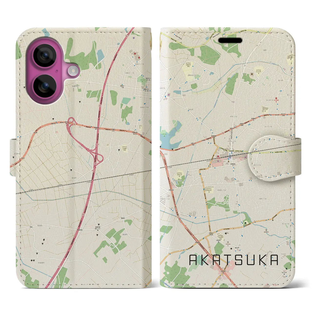 【赤塚（茨城県）】地図柄iPhoneケース（手帳タイプ）ナチュラル・iPhone 16 Pro 用