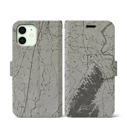 【秋葉（新潟県）】地図柄iPhoneケース（手帳タイプ）モノトーン・iPhone 12 mini 用