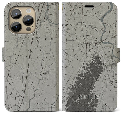 【秋葉（新潟県）】地図柄iPhoneケース（手帳タイプ）モノトーン・iPhone 14 Pro Max 用