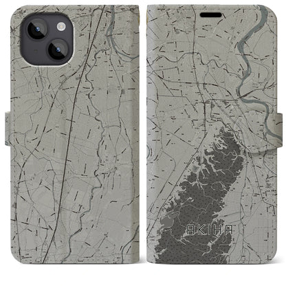 【秋葉（新潟県）】地図柄iPhoneケース（手帳タイプ）モノトーン・iPhone 14 Plus 用