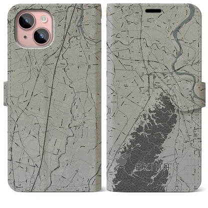 【秋葉（新潟県）】地図柄iPhoneケース（手帳タイプ）モノトーン・iPhone 15 Plus 用