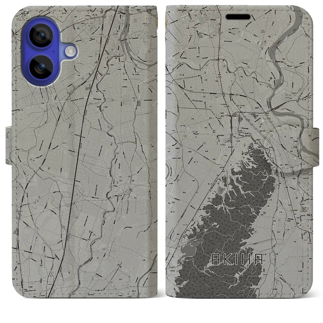 【秋葉(新潟県)】地図柄iPhoneケース(手帳タイプ)モノトーン・iPhone 16 Pro Max 用