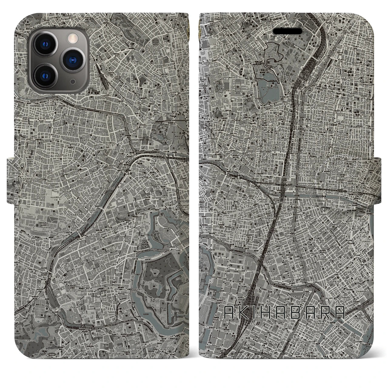 【秋葉原】地図柄iPhoneケース（手帳両面タイプ・モノトーン）iPhone 11 Pro Max 用