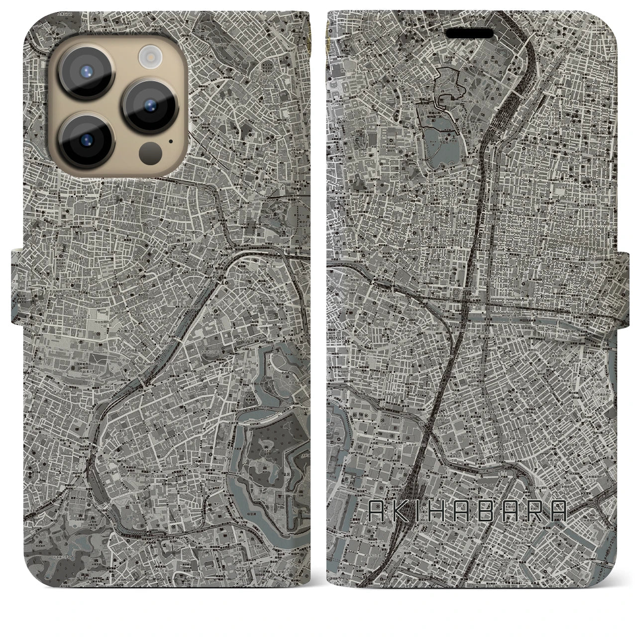 【秋葉原】地図柄iPhoneケース（手帳両面タイプ・モノトーン）iPhone 14 Pro Max 用