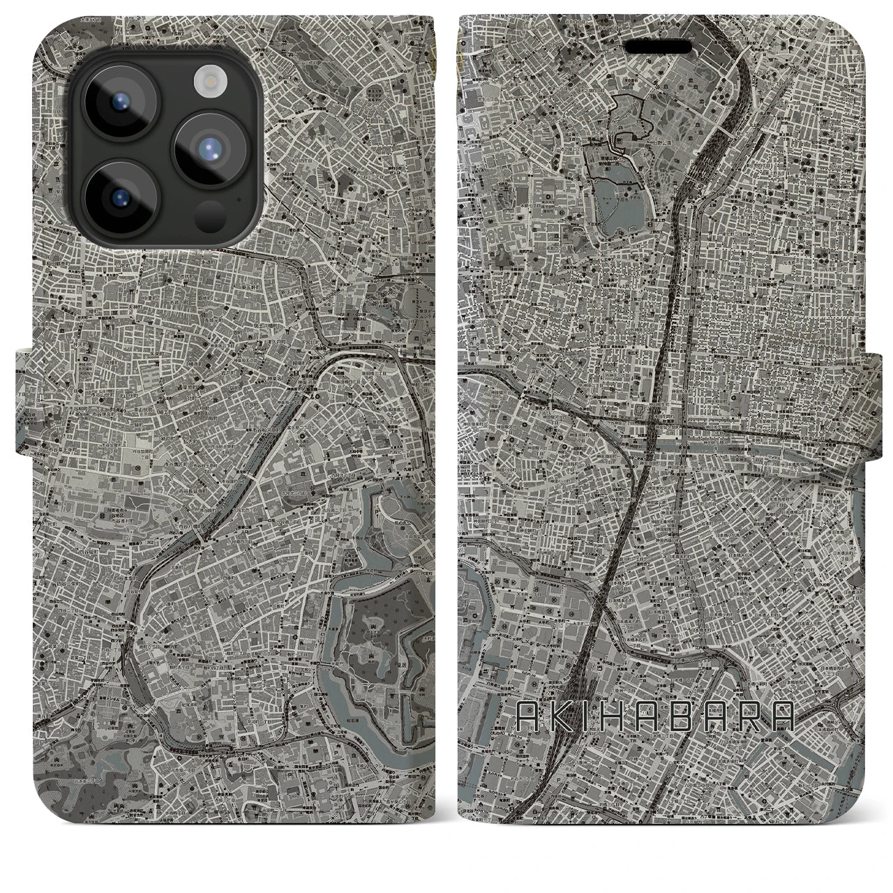 【秋葉原】地図柄iPhoneケース（手帳両面タイプ・モノトーン）iPhone 15 Pro Max 用