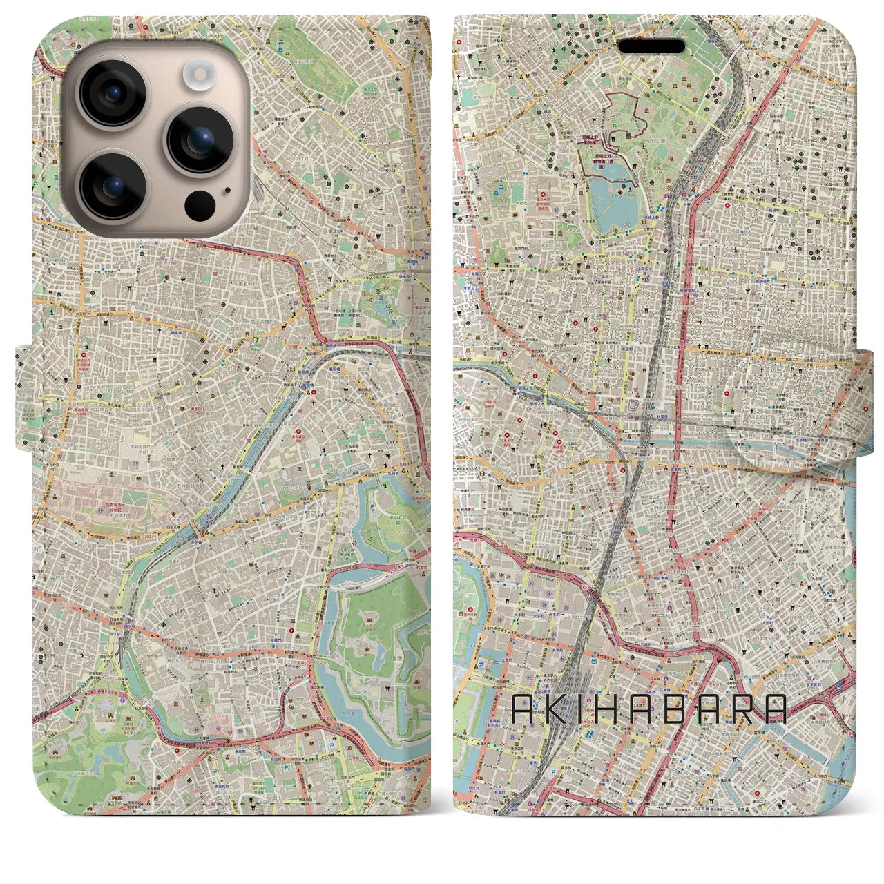 【秋葉原（東京都）】地図柄iPhoneケース（手帳タイプ）ナチュラル・iPhone 16 Plus 用