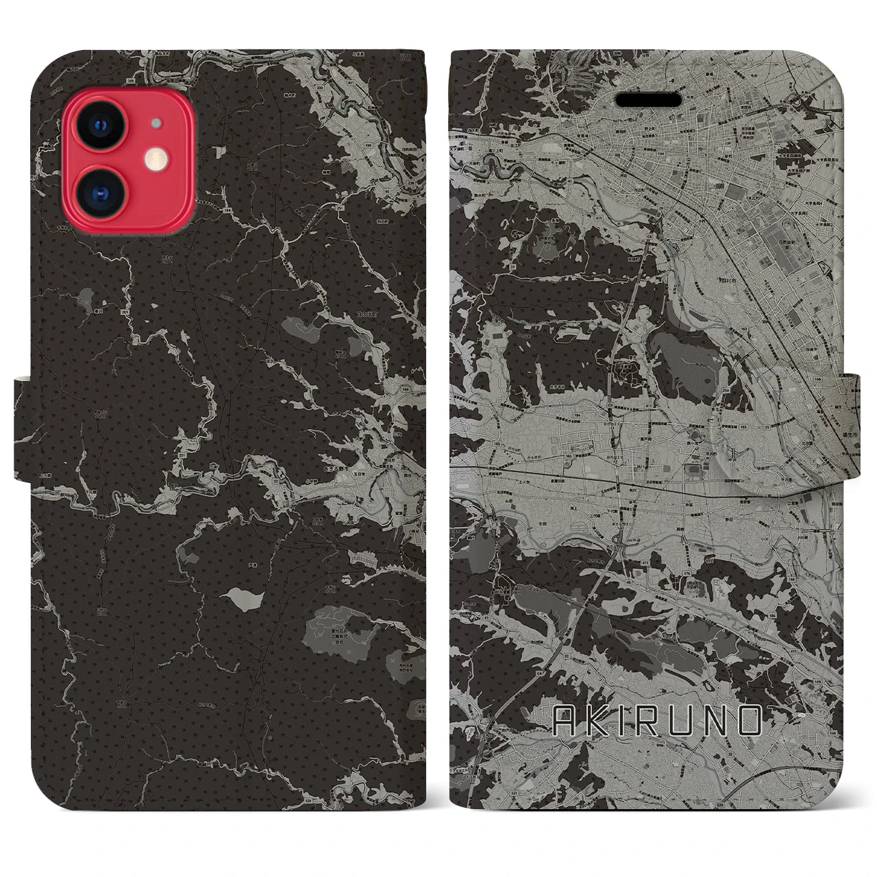 【あきる野】地図柄iPhoneケース（手帳両面タイプ・モノトーン）iPhone 11 用