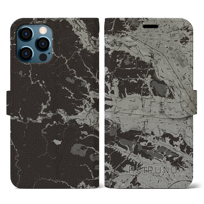 【あきる野（東京都）】地図柄iPhoneケース（手帳タイプ）モノトーン・iPhone 12 / 12 Pro 用