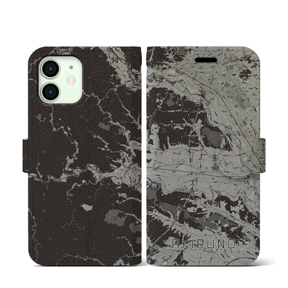 【あきる野（東京都）】地図柄iPhoneケース（手帳タイプ）モノトーン・iPhone 12 mini 用