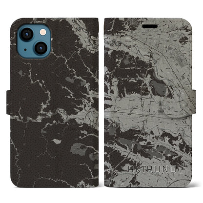 【あきる野（東京都）】地図柄iPhoneケース（手帳タイプ）モノトーン・iPhone 13 用