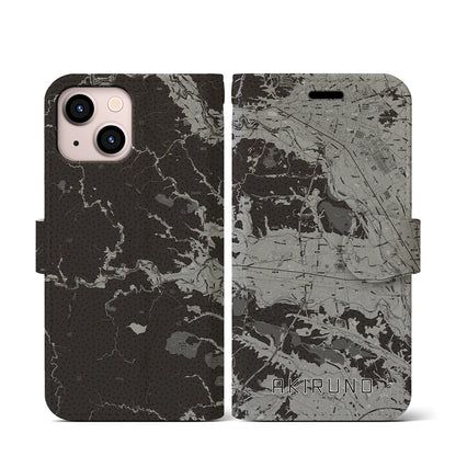 【あきる野（東京都）】地図柄iPhoneケース（手帳タイプ）モノトーン・iPhone 13 mini 用